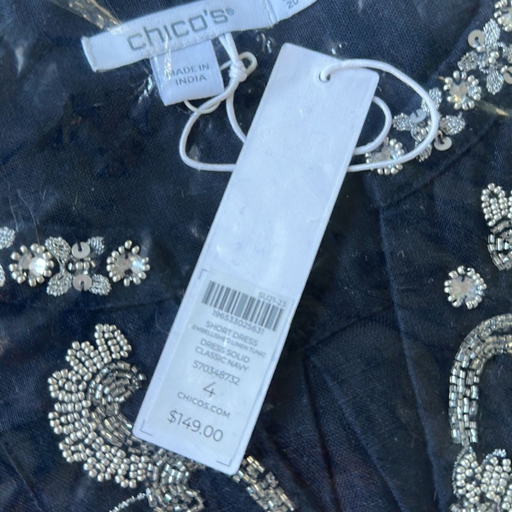 Chico’s Linen Embellished Navy Tunic Dress Classic Navy 4‎ NWT in packaging - Picture 7 of 8